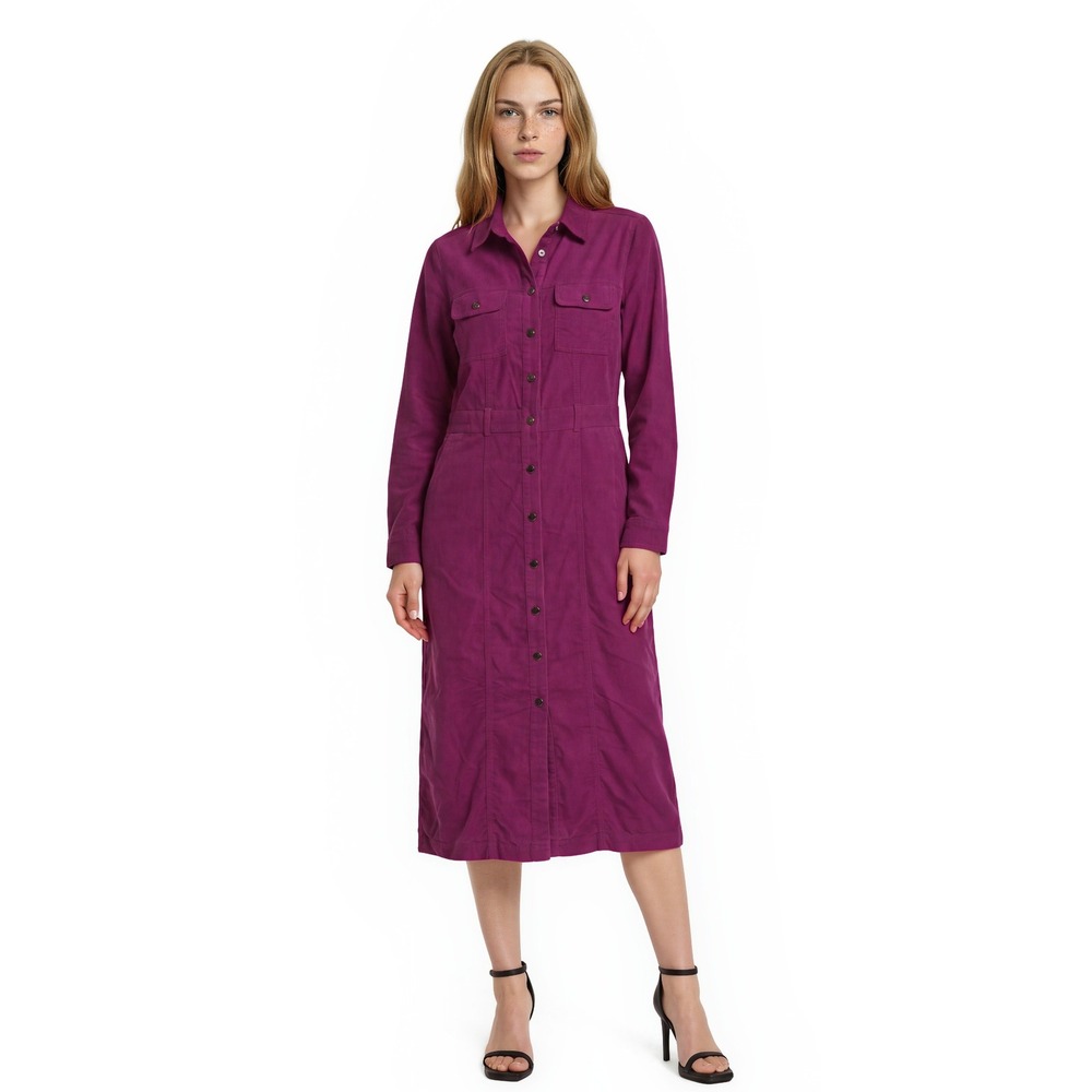 NWT LOFT 100% Cotton Corduroy Shirt Dress Women's Size 10 Magenta Purple Midi